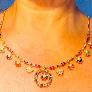 Silver necklace with pearl emerald turmalin amethyst sapphire gems handmade